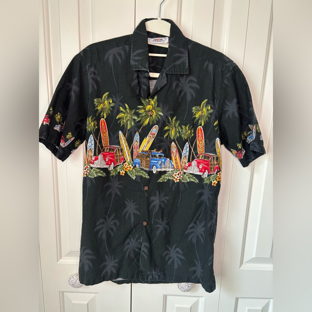 Pacific Legend Mens Woody's Long Boards Surfing Aloha Shirt, Size Small